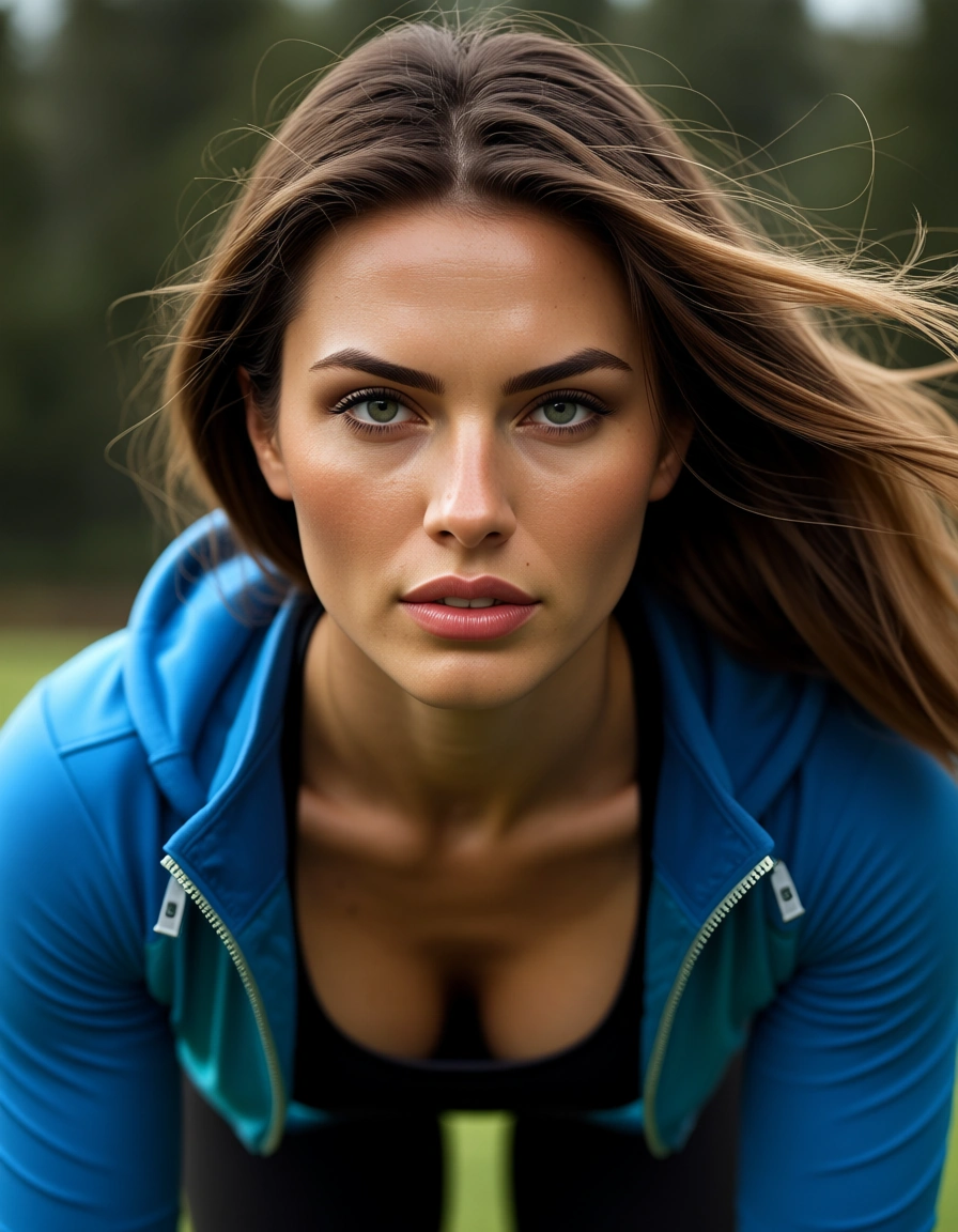 dslr, film grain, photorealistic, fitness model, floating hair, jacket, doggy style, lifelike render, score_9, score_8, candid photo, realistic skin texture, visible skin pores, film grain, depth of field