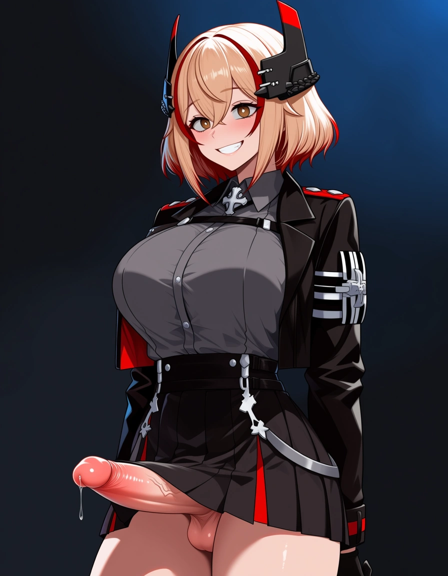 anime_style best_quality detailed_lighting detailed_shading uncensored absurdres masterpiece 1girl roon_(azur_lane) solo facing_viewer brown_eyes crazy_eyes grin black_jacket black_skirt thick_thighs futanari erection_under_skirt large_erection precum, hentai_studio_quality