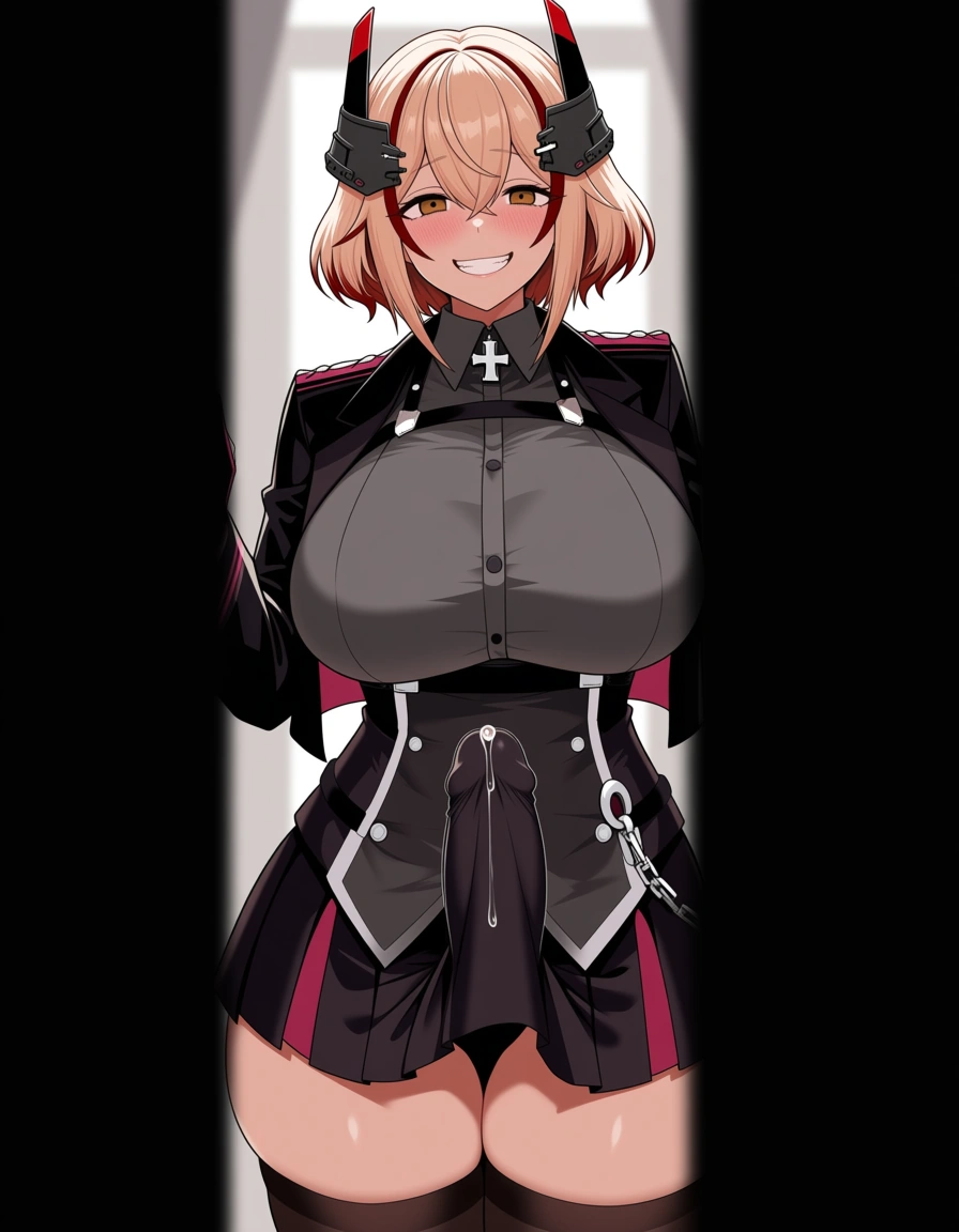 anime_style best_quality detailed_lighting detailed_shading uncensored absurdres masterpiece 1girl roon_(azur_lane) solo facing_viewer in_doorway brown_eyes crazy_eyes grin black_jacket black_skirt thick_thighs futanari erection_under_skirt large_erection precum, hentai_studio_quality