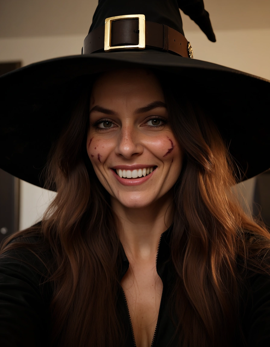 genuine look, high detail, witch, bondage, scar, playful expression, military, unfiltered look, score_9, score_8, amateur photo, phone snapshot, realistic skin texture, skin blemishes, soft indoor lighting