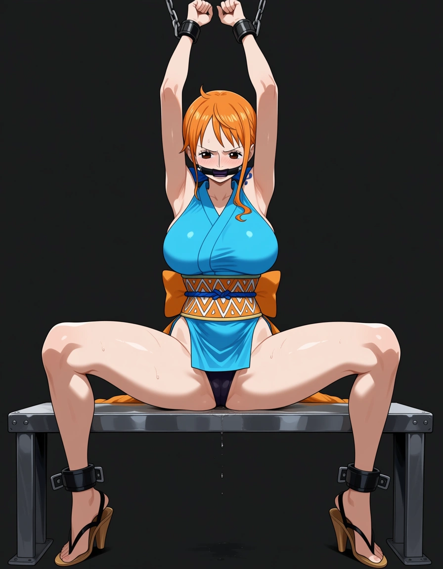 Nami from one piece, steel table, wrists and ankles restrained, spread eagle position, hentai_studio_quality