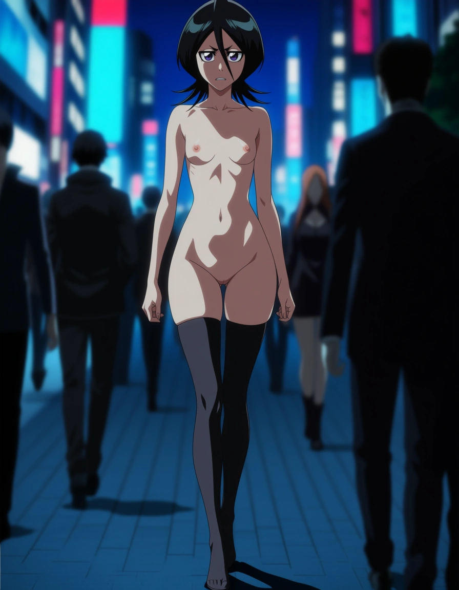 kuchiki rukia, bleach, full-face_blush , public, naked, city, nervous, walking with people staring, nude, thighhighs, thick_thighs, (anime style:1.3), 2d, anime screencap, cel shading, flat color, @00osamio00