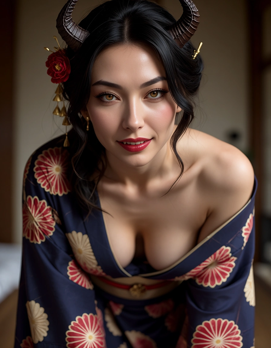 dslr, film grain, photorealistic, demon woman, japanese clothes, bent over, RAW photo, score_9, score_8, candid photo, realistic skin texture, visible skin pores, film grain, depth of field