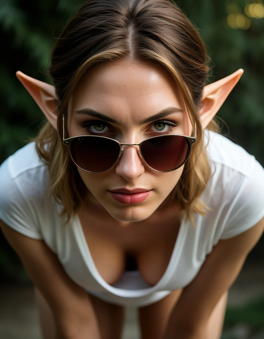 highly detailed, natural lighting, elf woman, sunglasses, white shirt, bent over, blurry background, close-up, dslr quality, score_9, score_8, candid photo, realistic skin texture, visible skin pores, film grain, depth of field