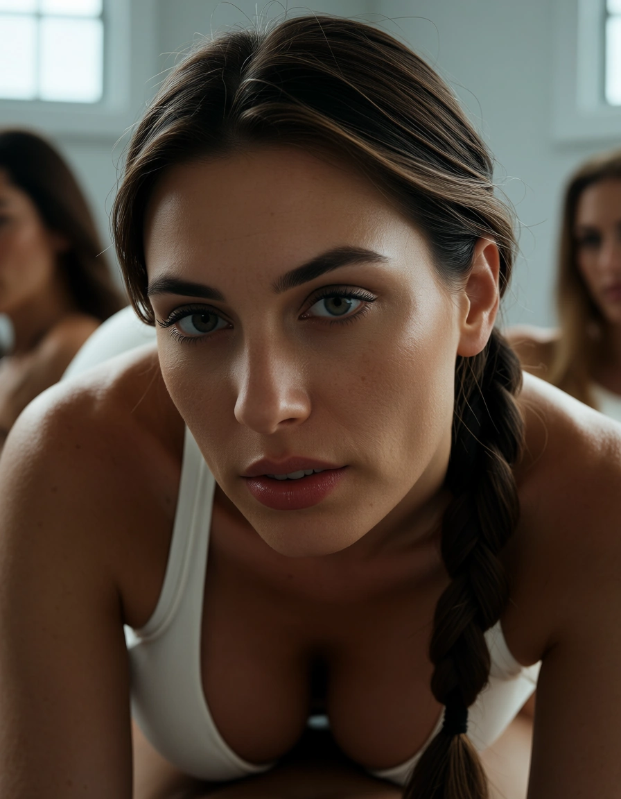8k, sharp focus, detailed skin, 3women, single braid, office wear, 69 position, window light, natural skin texture, score_9, score_8, candid photo, realistic skin texture, visible skin pores, film grain, depth of field