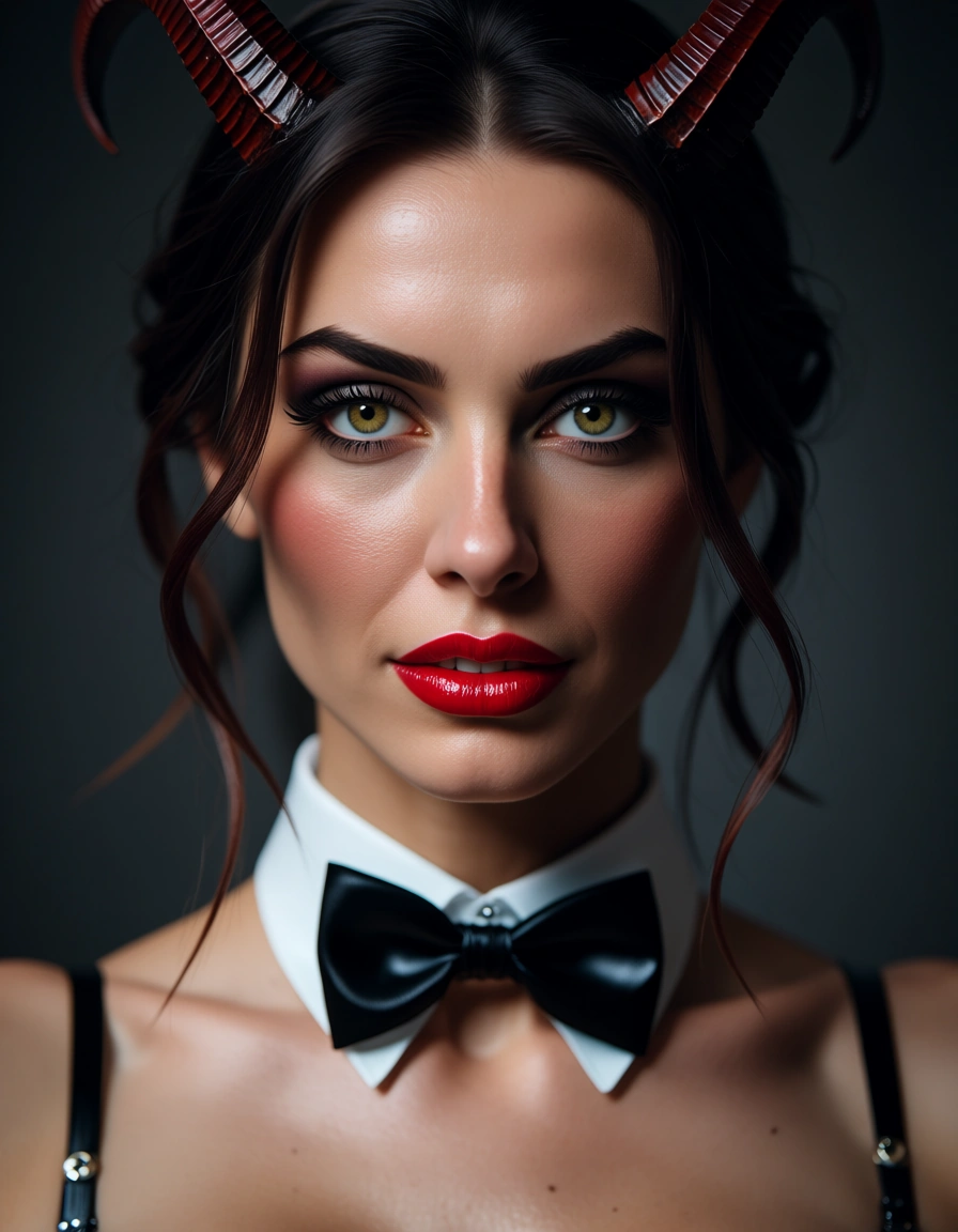 8k, sharp focus, detailed skin, demon girl, collarbone, bowtie, futanari, rim light, hyperrealistic, score_9, score_8, candid photo, realistic skin texture, visible skin pores, film grain, depth of field