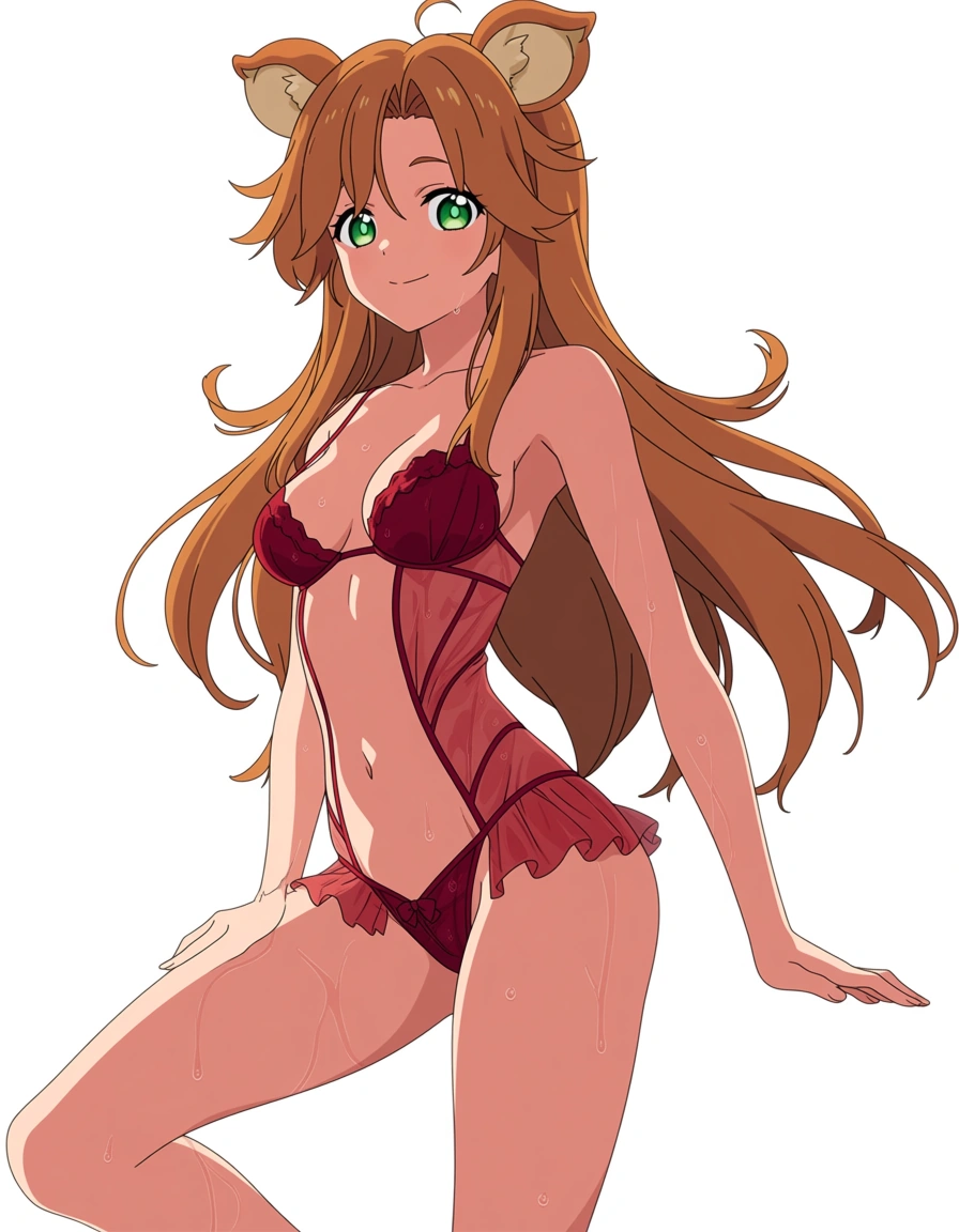 adult Malon, small breasts, fit, revealing red lingerie, highres, skinny, vivid, presenting, riding, transparent background, doujin style, closed_mouth, wet_clothes, hentai_studio_quality,, (anime style:1.3), 2d, anime screencap, cel shading, flat color