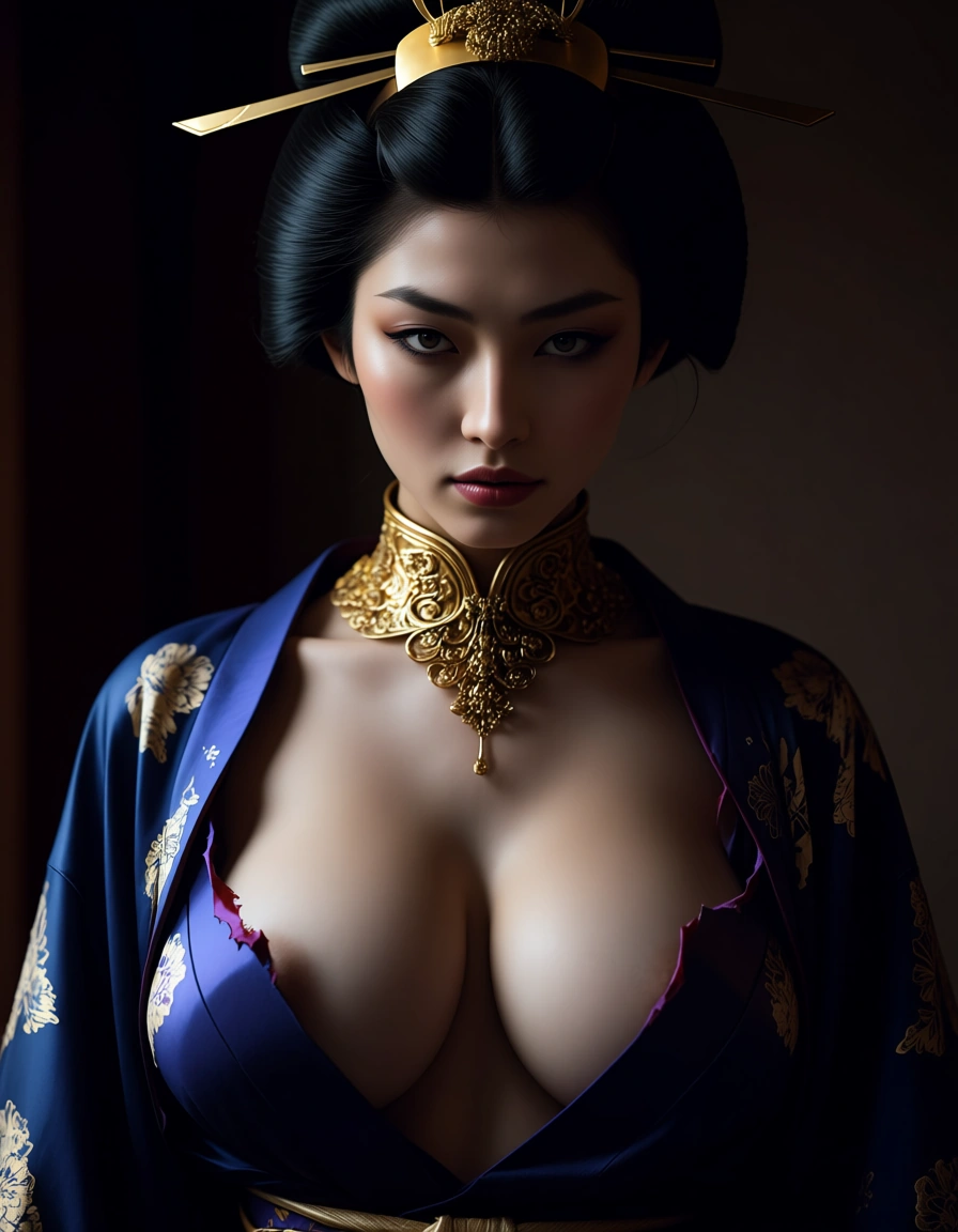 sharp focus, 8k uhd, beautiful 28 year old royal japanese concubine with perfect breasts_out of her torn_clothes, ornate gold collar jewelry, japanese_clothes, east_asian_architecture, sophisticated looking_at_viewer, sultry look, large_breasts, score_9, score_8, cinematic film still, anamorphic, film grain, dramatic lighting, shallow depth of field
