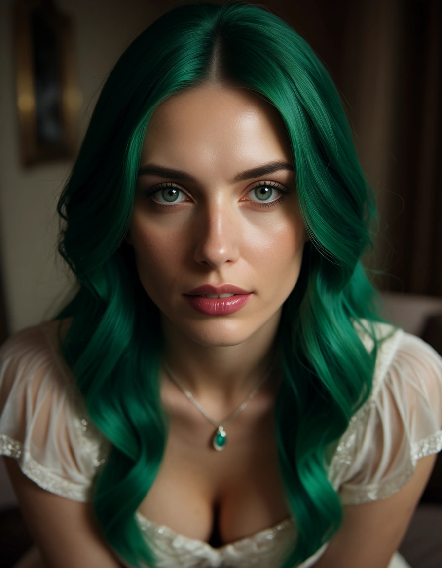 studio quality, sharp focus, princess, green hair, short sleeves, facesitting, 8k uhd photo, score_9, score_8, candid photo, realistic skin texture, visible skin pores, film grain, depth of field