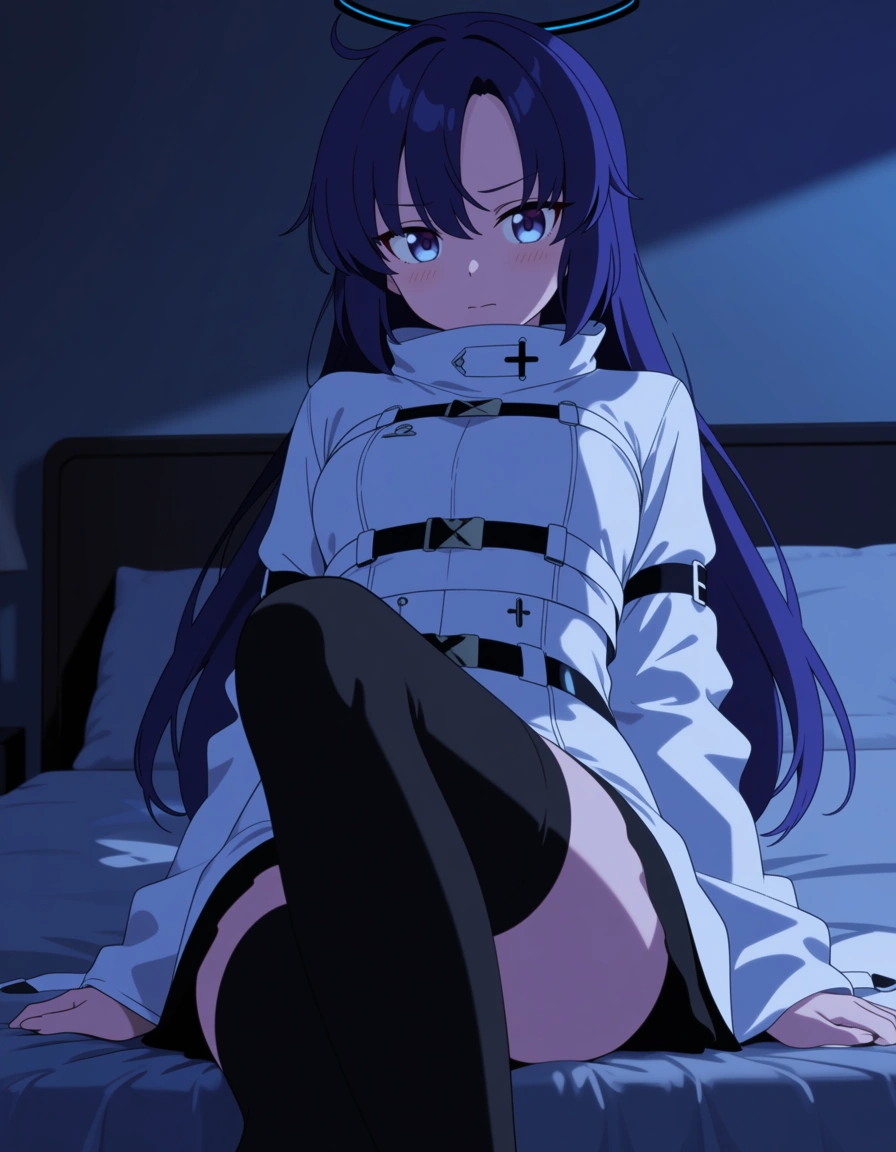 looking_at_viewer @yuuka_(blue_archive) sitting bed bedroom , straitjacket , black_thighhighs #1girl (anime style:1.3), 2d, anime screencap, cel shading, flat color, (anime style:1.3), 2d, anime screencap, cel shading, flat color