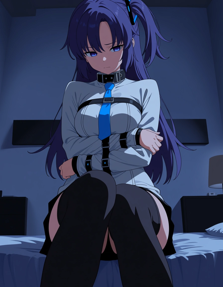 looking_at_viewer @yuuka_(blue_archive) sitting bed bedroom , straitjacket , restrained arm under breast , long_sleeves sleeves_past_wrists bondage black_thighhighs #1girl (anime style:1.3), 2d, anime screencap, cel shading, flat color, (anime style:1.3), 2d, anime screencap, cel shading, flat color, (anime style:1.3), 2d, anime screencap, cel shading, flat color, (anime style:1.3), 2d, anime screencap, cel shading, flat color