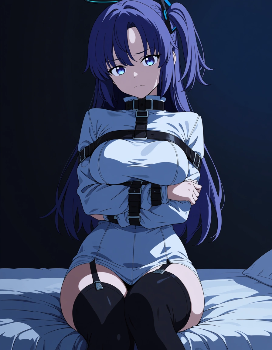 looking_at_viewer @yuuka_(blue_archive) sitting bed bedroom , straitjacket , restrained arm under breast , long_sleeves sleeves_past_wrists bondage black_thighhighs #1girl (anime style:1.3), 2d, anime screencap, cel shading, flat color, (anime style:1.3), 2d, anime screencap, cel shading, flat color, (anime style:1.3), 2d, anime screencap, cel shading, flat color, (anime style:1.3), 2d, anime screencap, cel shading, flat color, (anime style:1.3), 2d, anime screencap, cel shading, flat color, hentai_studio_quality