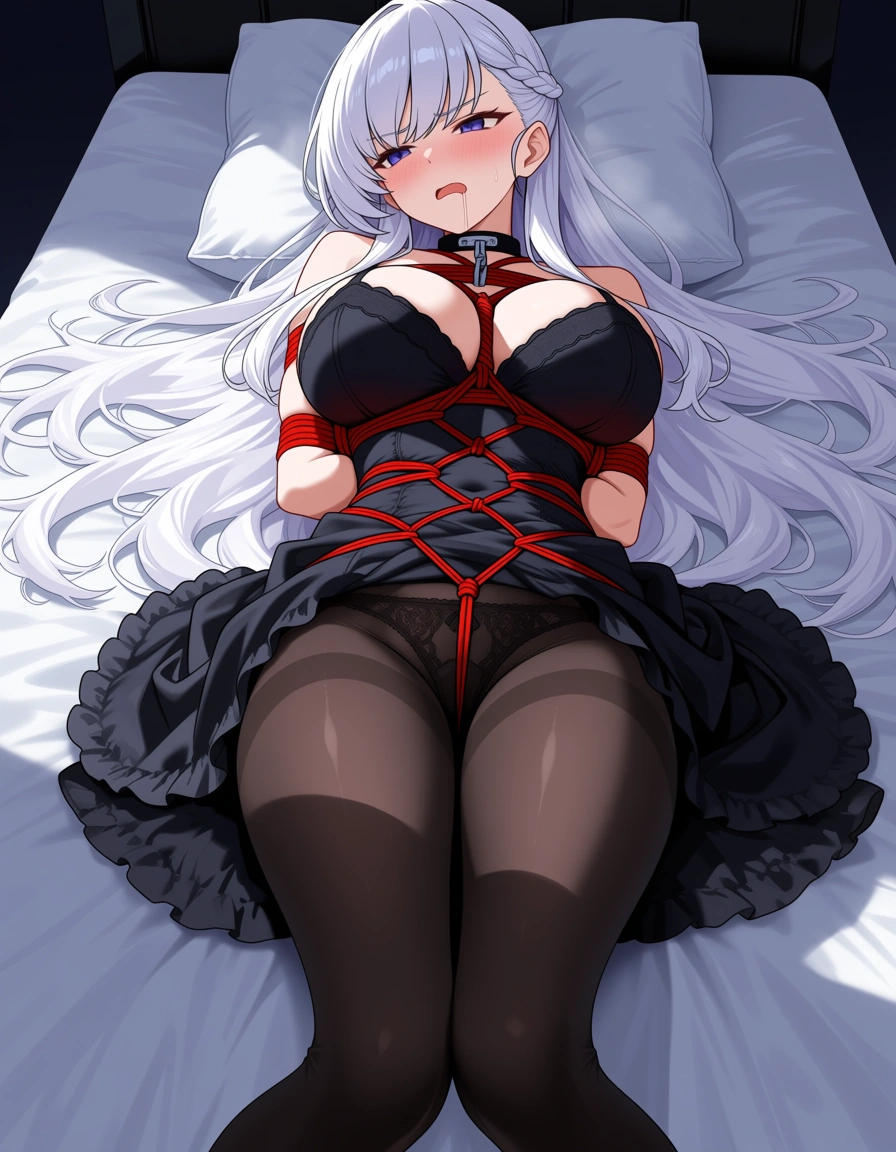 belfast_(azur_lane) bedroom pillow lying on bed, black_nightgown, black pantyhose, bondage shibari_over_clothes bound_arms ball_gag drooling annoyed, from_above, hentai_studio_quality