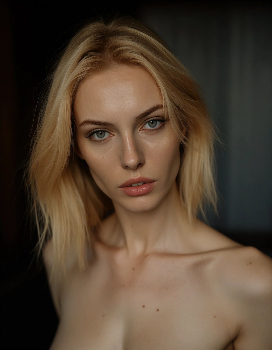 Very skinny blond, score_9, score_8, candid photo, realistic skin texture, visible skin pores, film grain, depth of field