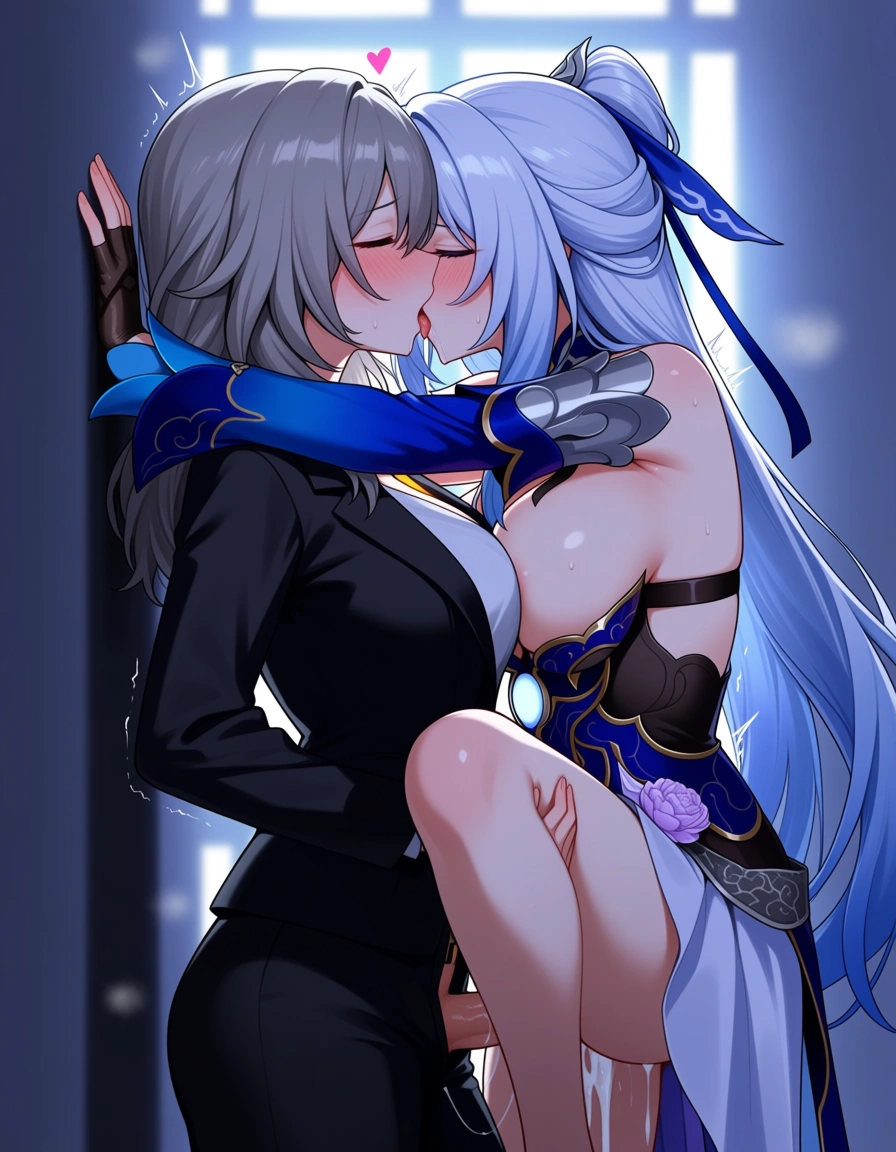 2 girls yuri sex , @stelle_(honkai:_star_rail) , black suit , futa_with_female , @jingliu_(honkai:_star_rail) , long dress, undressing , breast_sucking, cum, carrying against_wall , spread_legs , hug full_body, moaning , best quality , hentai_studio_quality, hentai_studio_quality, hentai_studio_quality, hentai_studio_quality, hentai_studio_quality