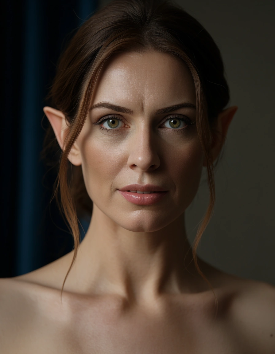 ultra HD, lifelike, mature female, pointy ears, pleated skirt, fully nude, portrait, volumetric light, 8k uhd photo, score_9, score_8, candid photo, realistic skin texture, visible skin pores, film grain, depth of field