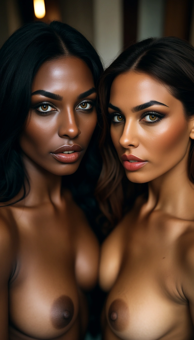 ultra HD, lifelike, dutch angle, 2women, presenting, dark skin, mysterious vibe, dslr quality