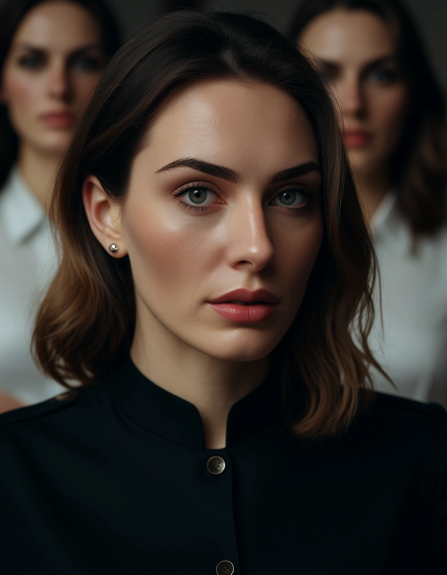 studio quality, sharp focus, three-quarter view, 5girls, facesitting, buttons, 8k uhd photo, score_9, score_8, candid photo, realistic skin texture, visible skin pores, film grain, depth of field