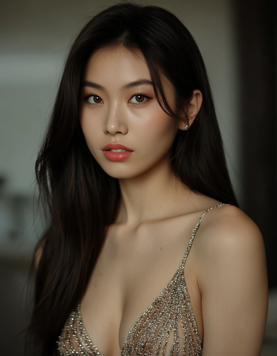 Sexy 19 year old Asian woman with revealing clothes, score_9, score_8, candid photo, realistic skin texture, visible skin pores, film grain, depth of field