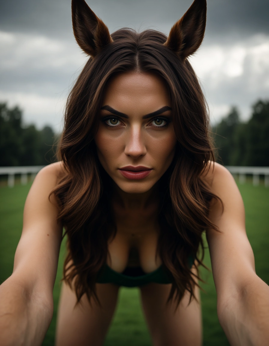 ultra HD, lifelike, POV, brunette woman, doggy style, horse ears, cloudy sky, dominant stare, film photography, score_9, score_8, candid photo, realistic skin texture, visible skin pores, film grain, depth of field