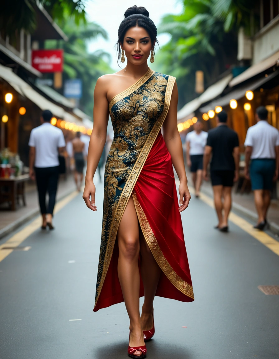 Full body photo of a dominant, assertive, go-getter, verbal, but cunning ladyboy in traditional Thai dress that hides her extra asset walking in a busy Bangkok street, taking interest in the viewer, score_9, score_8, 3d render, octane render, subsurface scattering, ray tracing, smooth shading