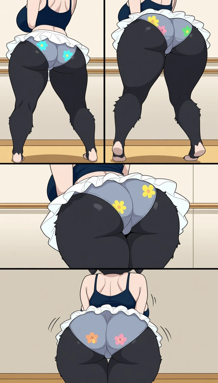 A thicc  chubby anthro female pug with black fur thick thighs, wide hips and huge breasts. She wears a navy colored tank top, and a white tutu. The pug is also wearing  periwinkle panties with multicolored flowers on them under her tutu as well as no ballet shoes, paws out. The pug has her back turned towards the camera as she bends over showing her big butt and panties while also shaking her butt at the camera too while alone in an empty dance studio. The pug also has a light gray butt patch as well.