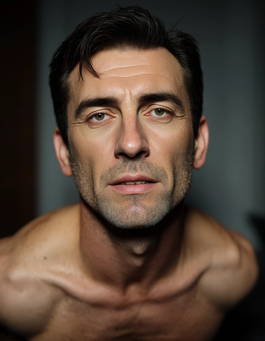 photorealistic mature male in bondage pose, score_9, score_8, candid photo, realistic skin texture, visible skin pores, film grain, depth of field