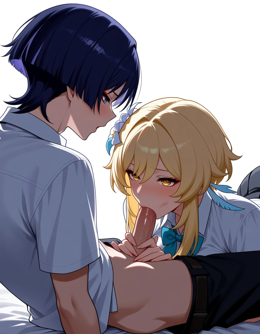Masterpiece, best quality, highly detailed, 18+, explicit, only two characters, no other people in the scene, Scaramouche (Genshin Impact) is a male, Lumine (Genshin Impact) is a female, both faces clearly visible and fully shown, Lumine performing oral sex on Scaramouche, Lumine on her knees in front of him, school uniforms on both, partially opened or lifted, intimate oral scene, clean simple background, soft lighting, accurate character designs, male Scaramouche with short indigo hair, female Lumine with blonde hair and golden eyes, hentai_studio_quality, hentai_studio_quality