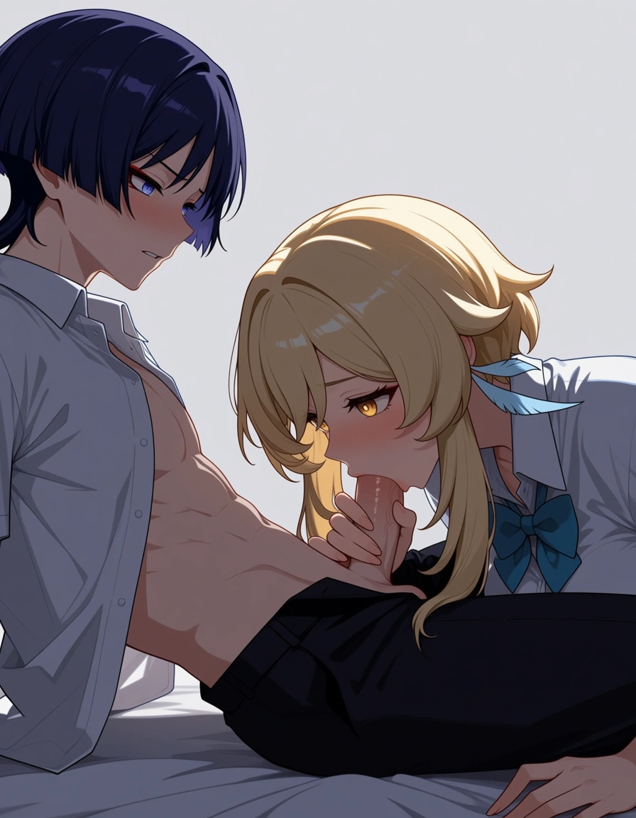 Masterpiece, best quality, highly detailed, 18+, explicit, only two characters, no other people in the scene, Scaramouche (Genshin Impact) is a male, Lumine (Genshin Impact) is a female, both faces clearly visible and fully shown, Lumine performing oral sex on Scaramouche, Lumine on her knees in front of him, school uniforms on both, partially opened or lifted, intimate oral scene, clean simple background, soft lighting, accurate character designs, male Scaramouche with short indigo hair, female Lumine with blonde hair and golden eyes, hentai_studio_quality, hentai_studio_quality, hentai_studio_quality