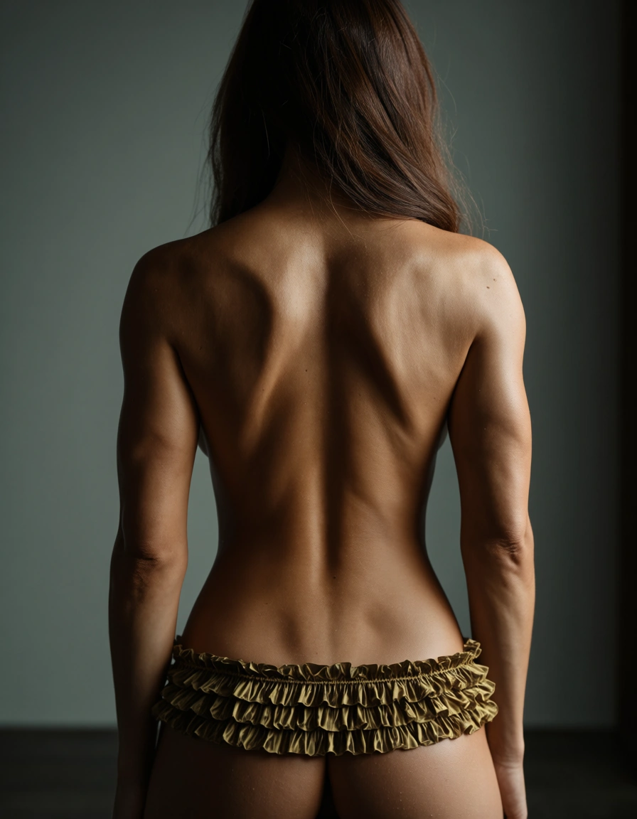 RAW photo, ultra realistic, fitness model, frills, topless, backlit, natural skin texture, score_9, score_8, candid photo, realistic skin texture, visible skin pores, film grain, depth of field