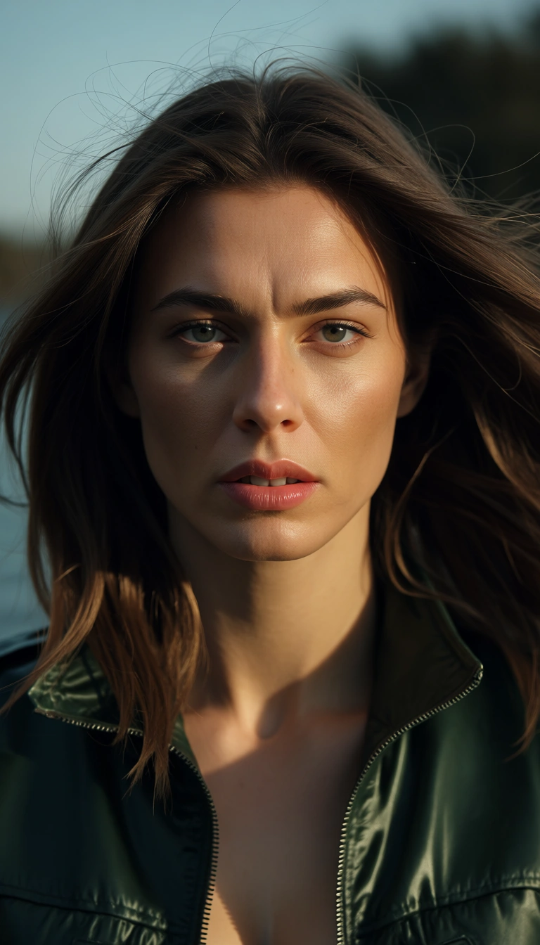 sharp focus, 8k uhd, solo, floating hair, jacket, titfuck, photorealistic