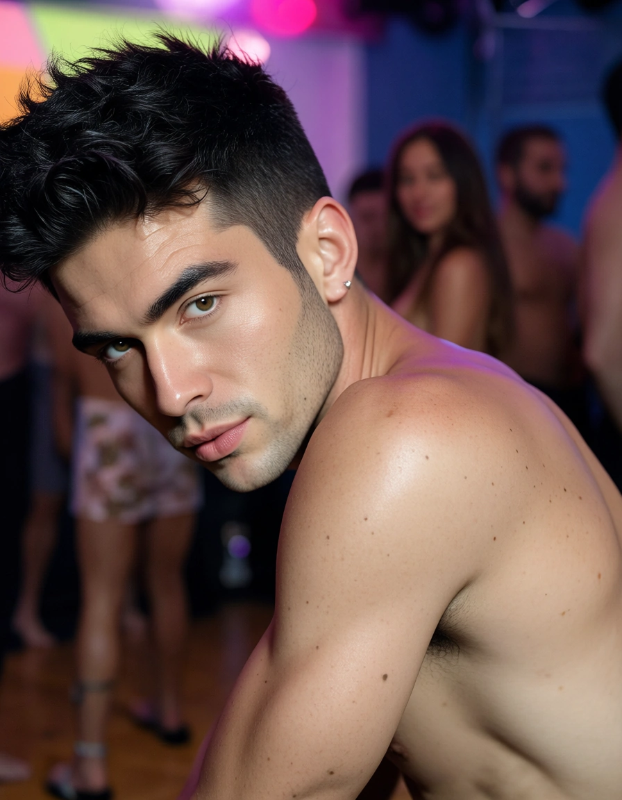 score_9, score_8, @2025, @candid photo, (amateur photography:1.2), (realistic skin texture:1.4), visible skin pores, skin blemishes, goosebumps, natural skin, soft natural lighting, (depth of field), film grain, cinematic photo, 8k, gay, club dance floor, naked,