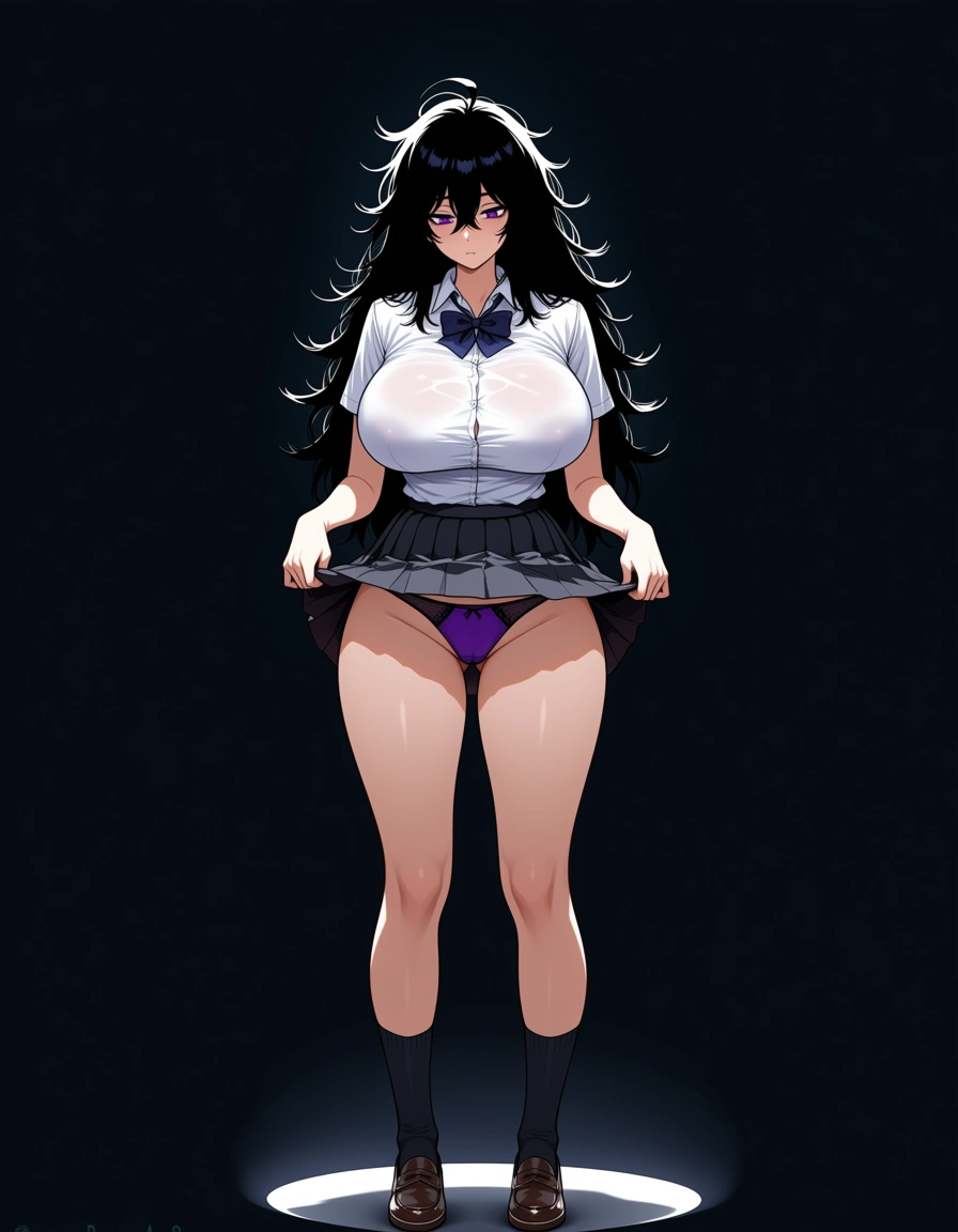A woman with long black messy hair and purple_eyes eyes having big boobs and wearing a tight white short sleeve shirt till the navel and a black skirt_lift showing her purple panties standing full body in school uniform looking_down looking_at_viewer, hentai_studio_quality