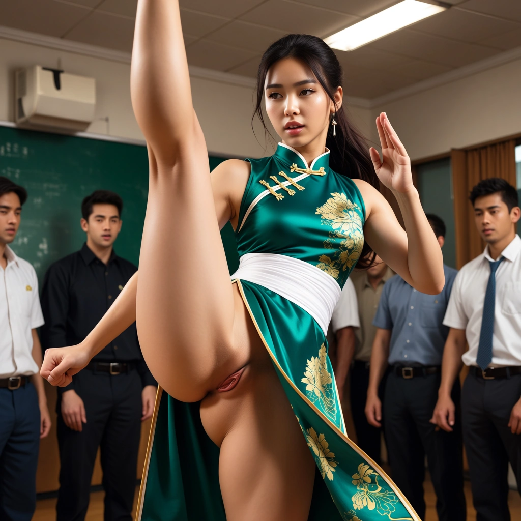 A girl in a cheongsam was practicing martial arts in the school. She kicked leg high, without pants, and her pussy were exposed. The boys onlookers exclaimed.