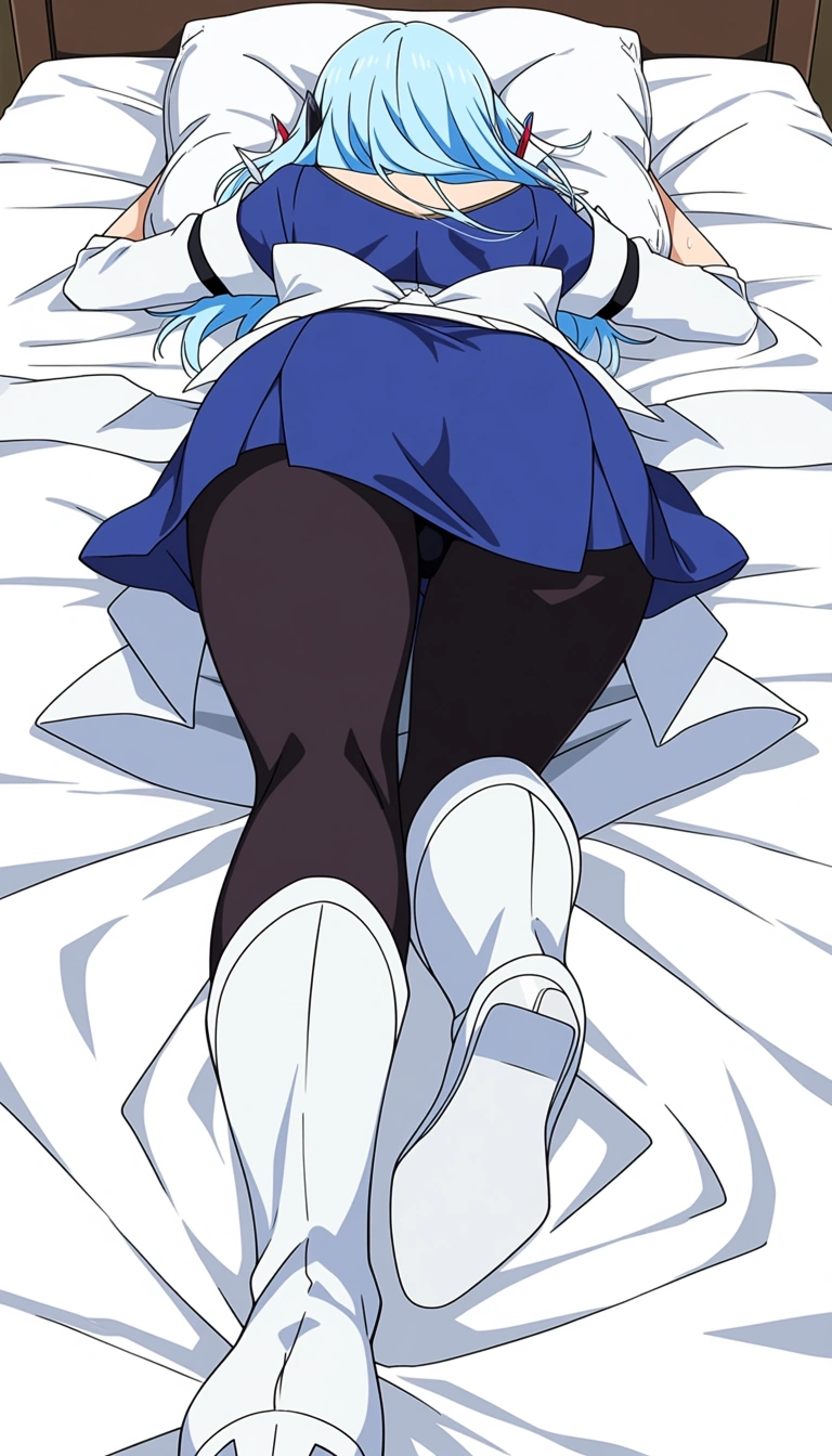 masterpiece, best quality, 1boy, deepthroat, white footwear, pantyhose, on bed, highly detailed anime