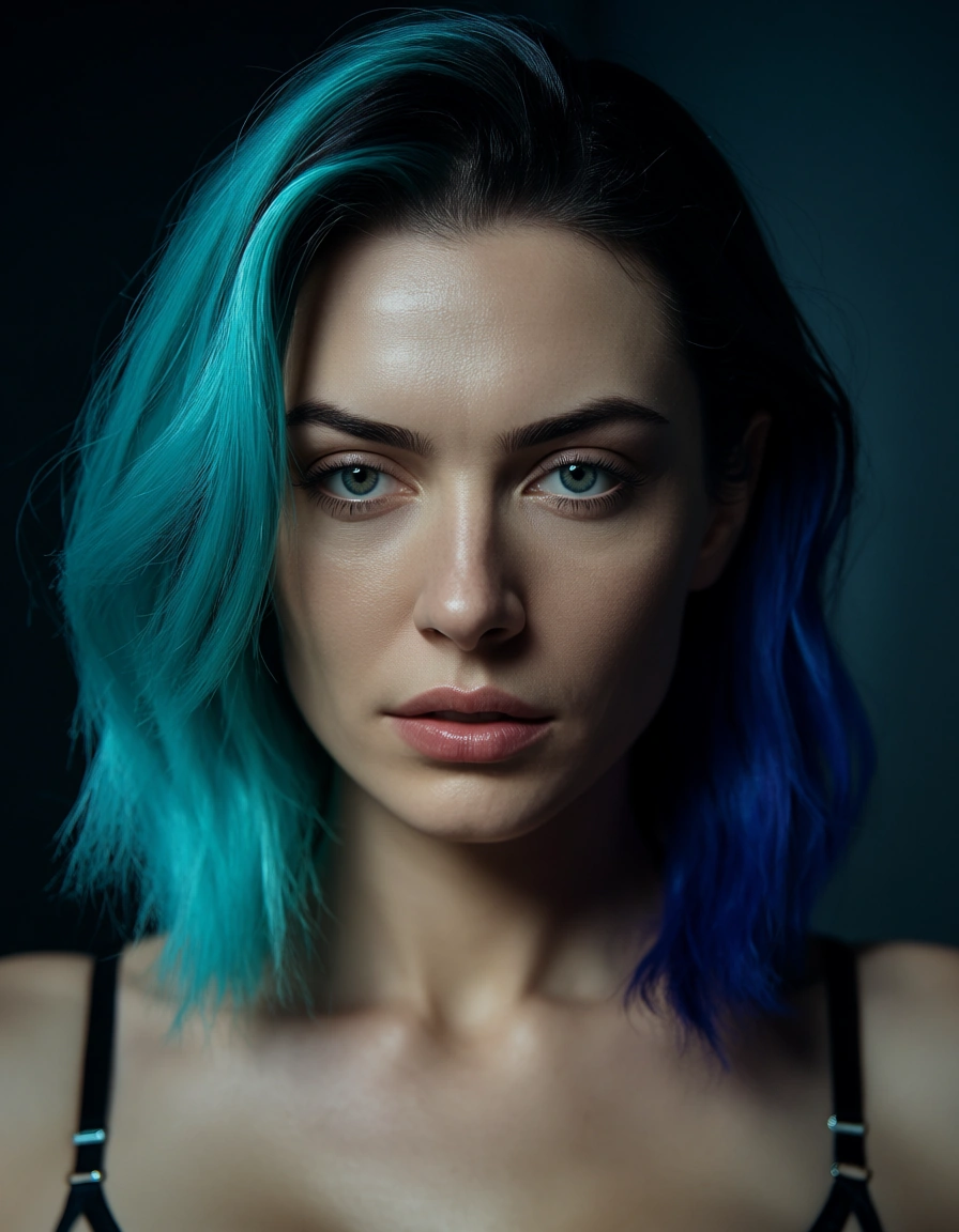 8k, sharp focus, detailed skin, solo, two-tone hair, underwear, facesitting, ambient glow, cinematic realism, score_9, score_8, candid photo, realistic skin texture, visible skin pores, film grain, depth of field