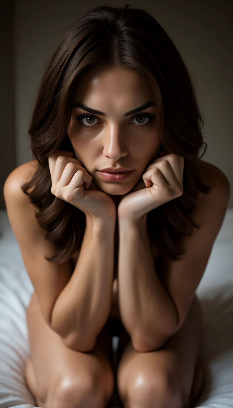 cinematic photo, 8k, medium shot, brunette woman, kneeling on bed, hands up, transparent background, dominant stare, natural skin texture