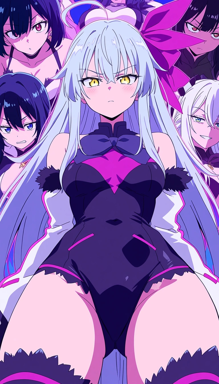 ultra detailed, crisp, 6+girls, ribbon, teasing, wild energy, extreme close-up, anime screencap