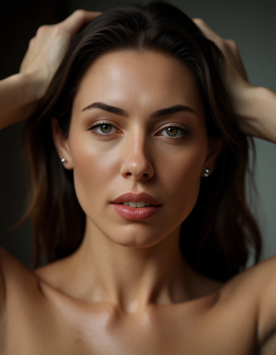 Woman putting on ტრუსები, score_9, score_8, candid photo, realistic skin texture, visible skin pores, film grain, depth of field