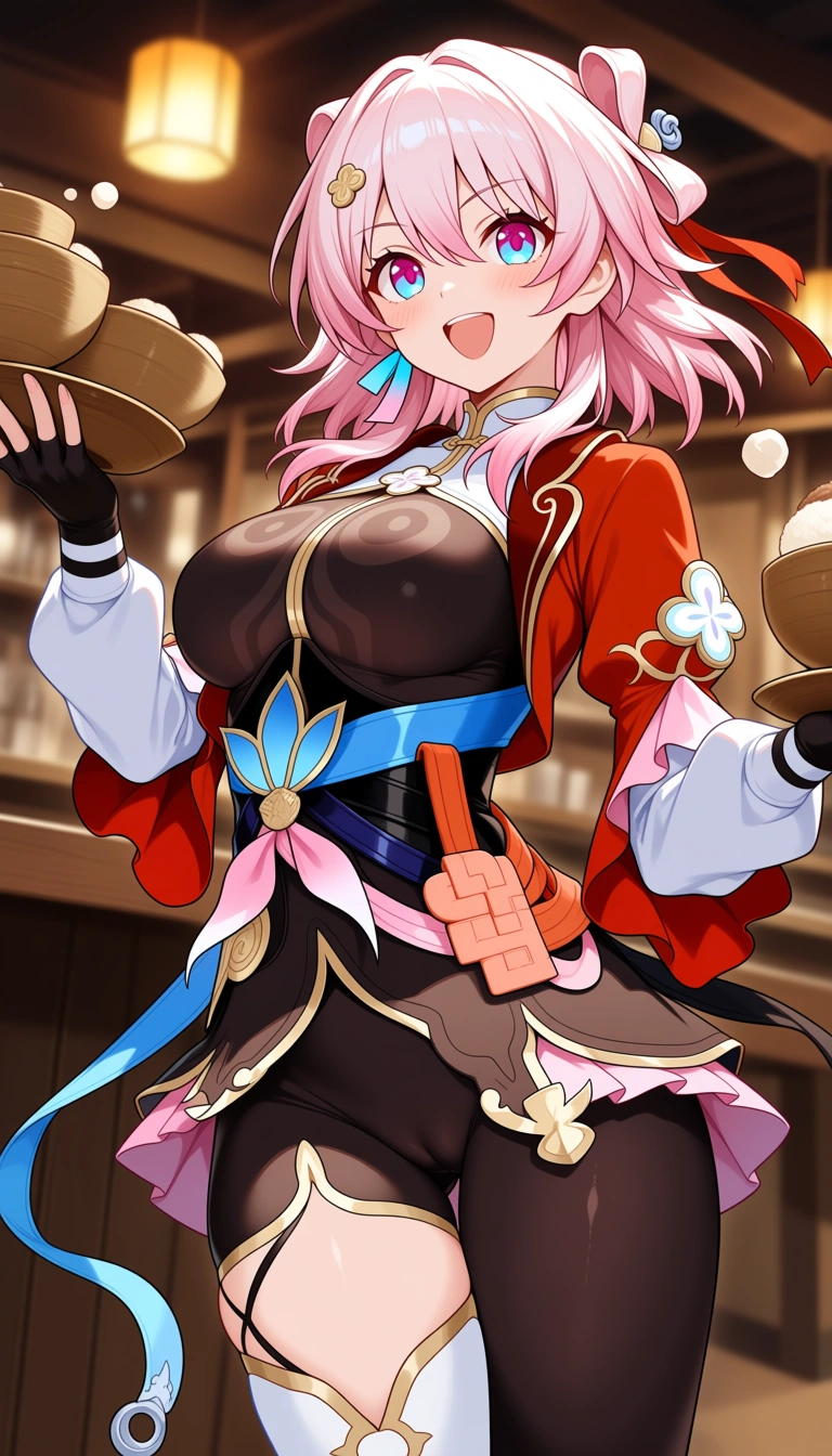 masterpiece, March  7th , from Honkai starrail,  The Hunt Form (Xianzhou Wardance)  Outfit, natural medium Non-weight bowls conical breasts, cameltoe, energized Smile, Restaurant background, Scale: 0.1 for hentai_studio_quality,,,, hentai_studio_quality, hentai_studio_quality