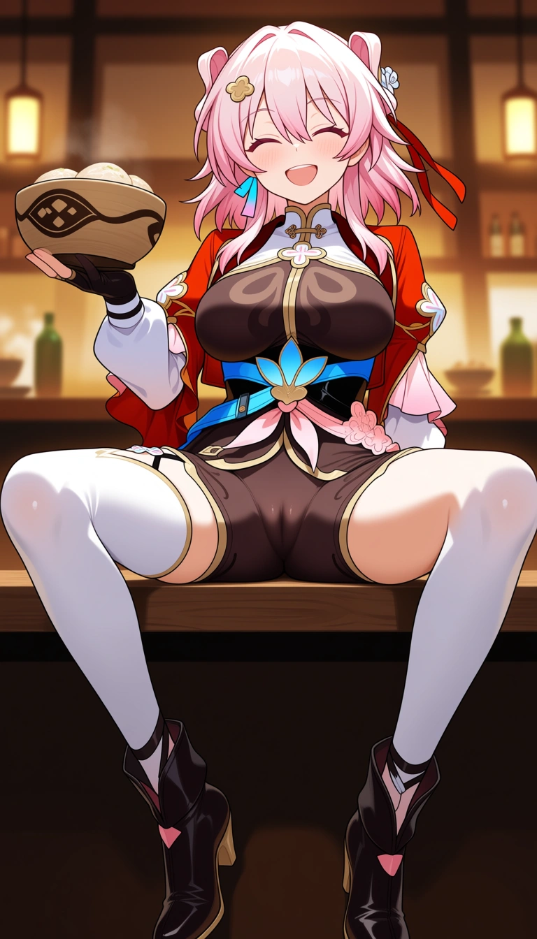 masterpiece, March  7th , from Honkai starrail,  The Hunt Form (Xianzhou Wardance)  Outfit, natural medium Non-weight bowls conical breasts, cameltoe, sitting, half closed eyes, energized Smile, Restaurant background, Scale: 0.1 for hentai_studio_quality,,,, hentai_studio_quality, hentai_studio_quality, hentai_studio_quality, hentai_studio_quality