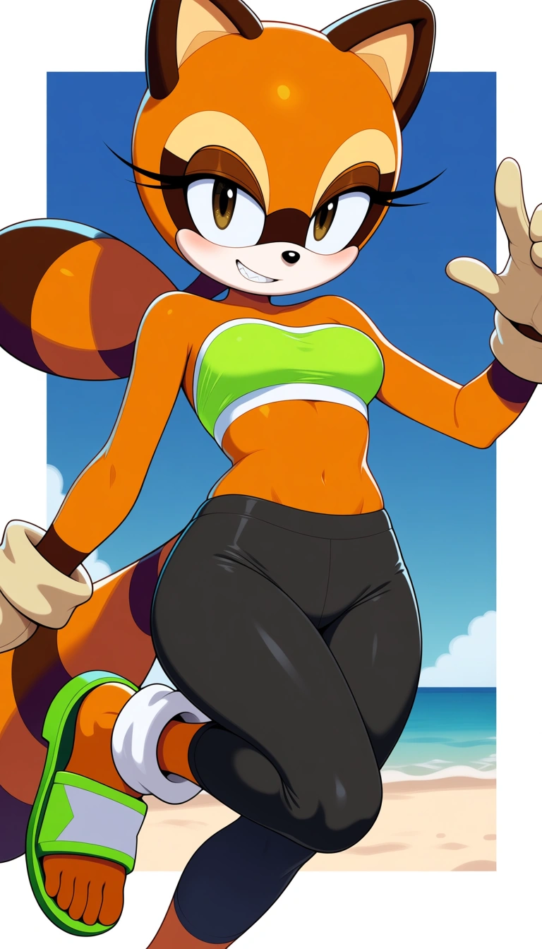 Masterpiece, Original style --------- Marine The Raccoon from Sonic Adventure, looking_at_viewer , natural perky medium breasts, Cameltoe, lime green tube top with white trim, black capri leggings, tan gloves, and lime green closed-toe sandals with white ankle-cuffs, beach background, thighs up on air, happy smile, tooths, look at viewer ------------ ... single continuous shot, full widescreen view, one single image, uninterrupted scene, no borders, no panels, wide angle cinematic photograph, single perspective, edge-to-edge frame, A 2.5D hybrid anime style illustration of Stylized character art combining flat 2D anime linework with soft 3D volumetric shading. Clean vector contours, smooth gradient textures, subtle depth of form, and ambient soft lighting. Deep dimensional occlusion shadows, hand-painted aesthetic, crisp anime cell details. Pure digital illustration, unfiltered, raw graphics, zero photograph elements, zero cinematic filters., hentai_studio_quality, hentai_studio_quality, hentai_studio_quality