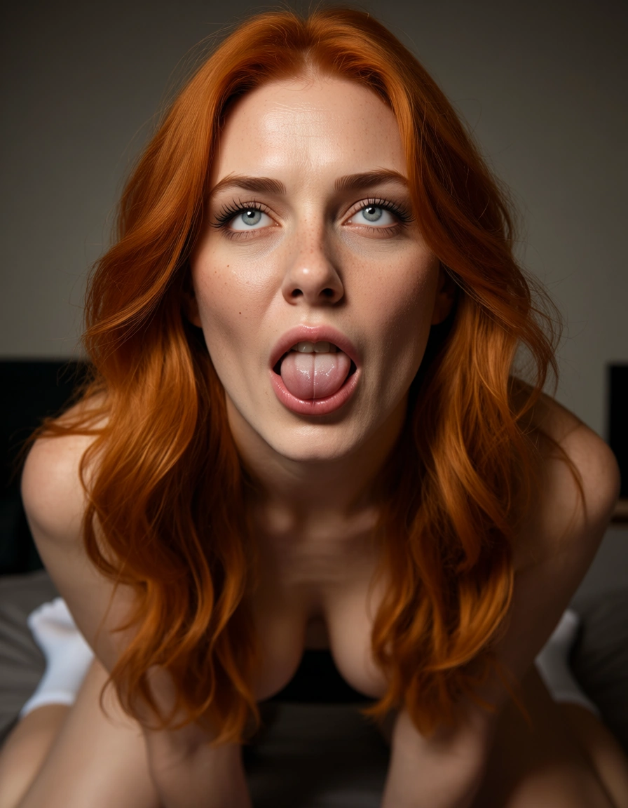 RAW photo, ultra realistic, redhead woman, socks, ahegao, film photography, score_9, score_8, candid photo, realistic skin texture, visible skin pores, film grain, depth of field