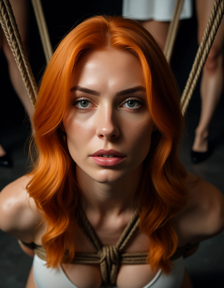 8k, sharp focus, detailed skin, multiple girls, orange hair, shoes, bondage, cinematic realism, score_9, score_8, candid photo, realistic skin texture, visible skin pores, film grain, depth of field