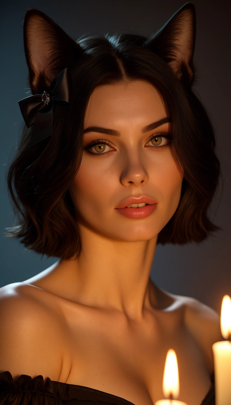 best quality, hyperrealistic, catgirl, collarbone, bow, 69 position, gradient background, portrait, candlelight, dslr quality