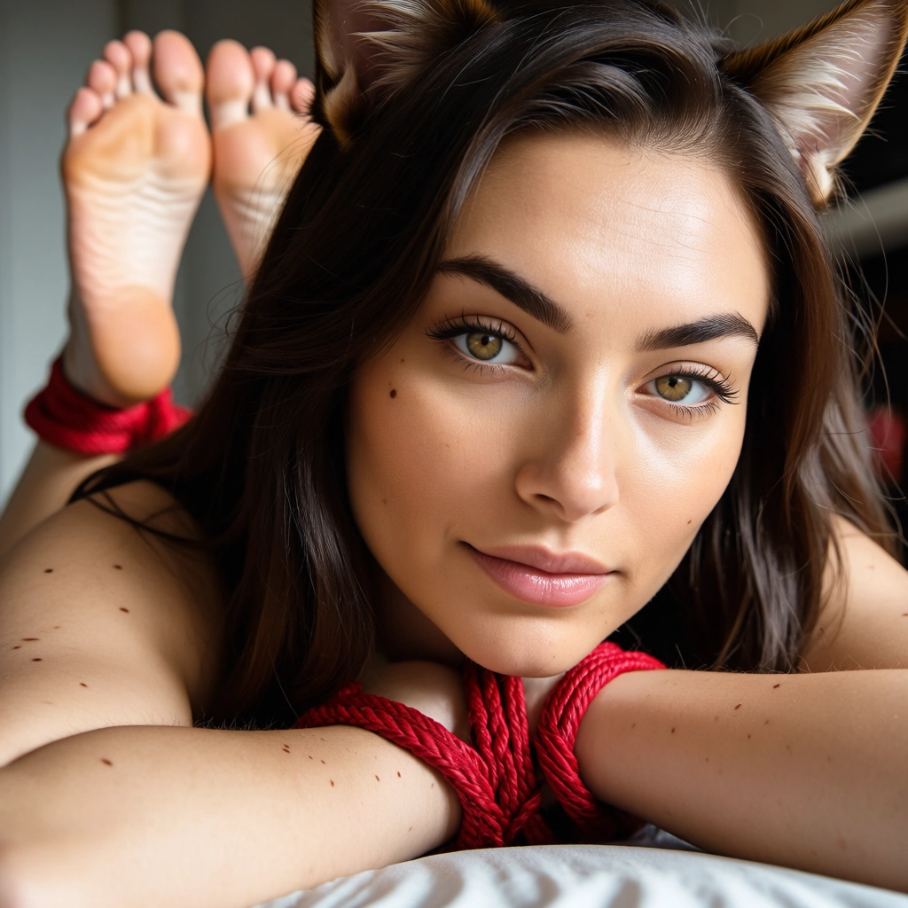 best quality, hyperrealistic, catgirl, bondage, barefoot, confident gaze, film photography