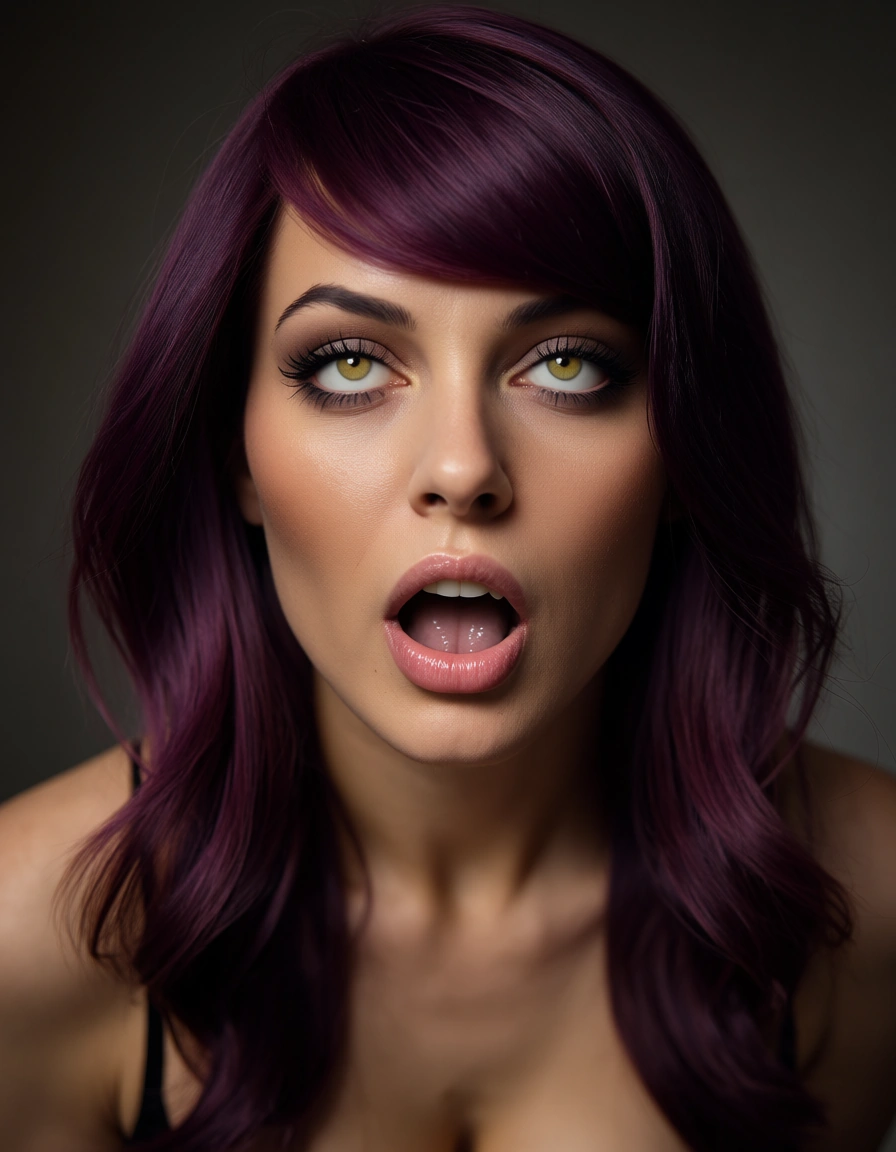 best quality, hyperrealistic, demon woman, swept bangs , presenting, soft lighting, studio photo, ahegao, score_9, score_8, candid photo, realistic skin texture, visible skin pores, film grain, depth of field