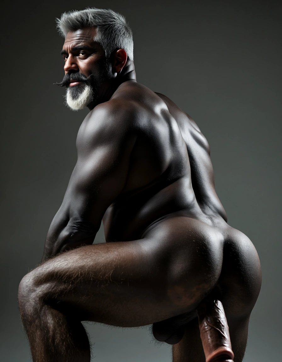cinematic photo, 8k, mature men bare legs, anal sex, transparent background, three-quarter view, hyper realistic, indian uncle, big fat muscles wrestler, moustache, black skin, hairy body, thick cock, dark grey short hair,, score_9, score_8, candid photo, realistic skin texture, visible skin pores, film grain, depth of field