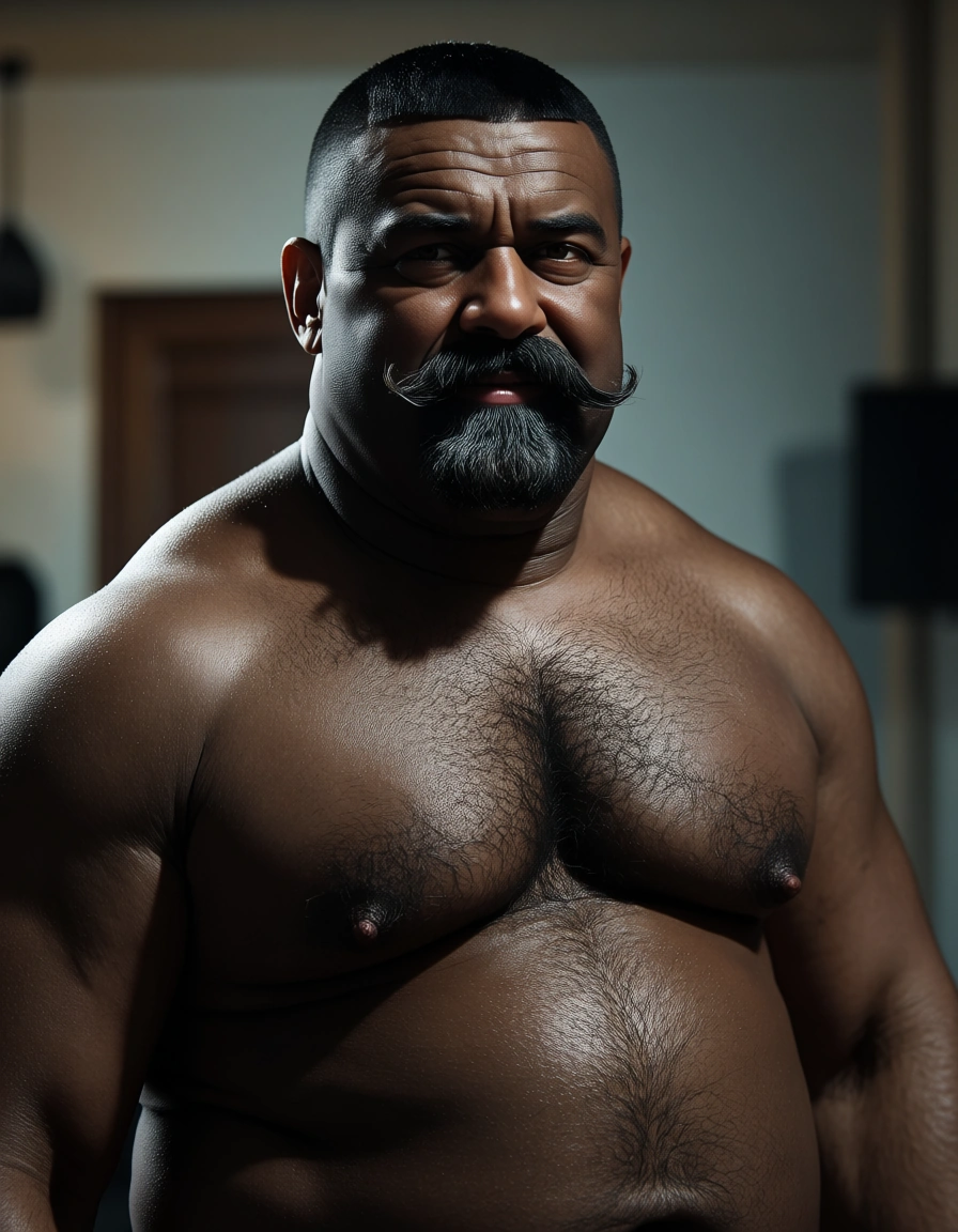 Matured Indian daddy full naked, heavy weight body_fur y,big mustache, fat, hairy, wrestler, aged 60s, thick cock, black short hair cut,thick moustache, black skin, score_9, score_8, candid photo, realistic skin texture, visible skin pores, film grain, depth of field, score_9, score_8, candid photo, realistic skin texture, visible skin pores, film grain, depth of field