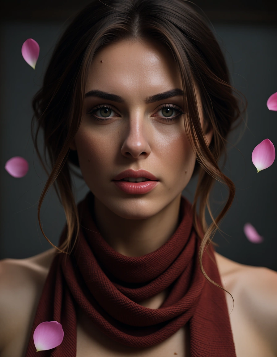 sharp focus, 8k uhd, medium shot, solo female, bondage, scarf, petals, lifelike render, score_9, score_8, candid photo, realistic skin texture, visible skin pores, film grain, depth of field